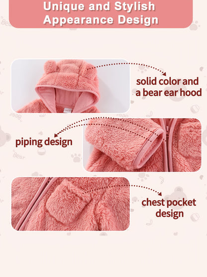 Newborn Baby Winter Fleece Hooded Romper with Mittens Plush Lined Jumpsuit