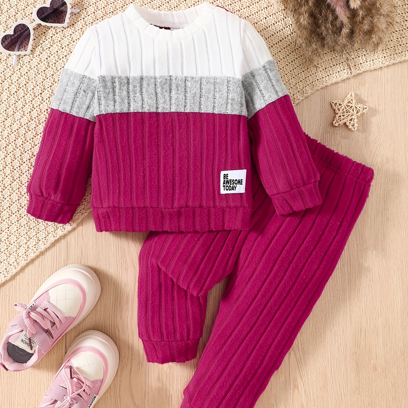 Baby Girl Pit Stripe Contrast Long Sleeve Top & Pants Winter Outfit