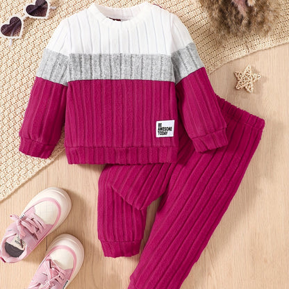 Baby Girl Pit Stripe Contrast Long Sleeve Top & Pants Winter Outfit