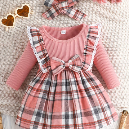 Baby Girl Ruffle Trim Plaid Long Sleeve Dress & Headband Set