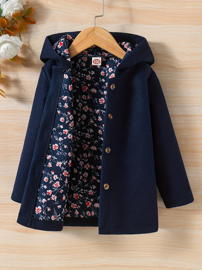 Baby Girl Hooded Coat Floral Print Button Design Autumn Winter