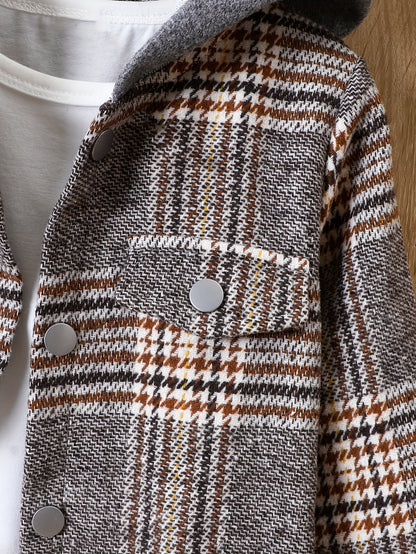 Baby Boy Plaid Tweed Coat with Hood Brown & Beige Check Fall/Winter Outerwear
