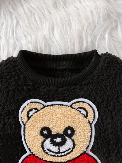 Baby Boys Cartoon Bear Pullover with Checkered Trousers & Hooded Vest Set