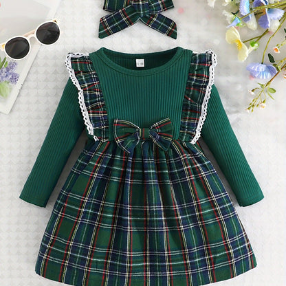 Baby Girl Ruffle Trim Plaid Long Sleeve Dress & Headband Set