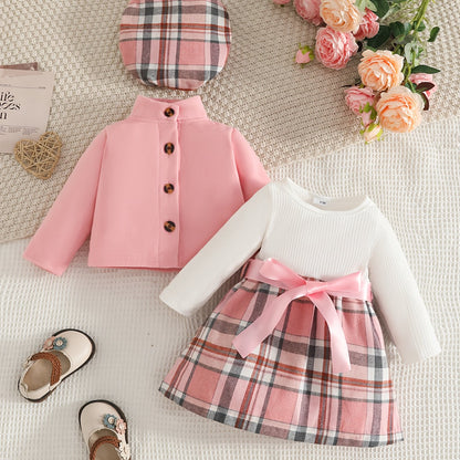 Baby Two-Piece Outfit Short Jacket & Long-Sleeve Plaid Dress with Beret