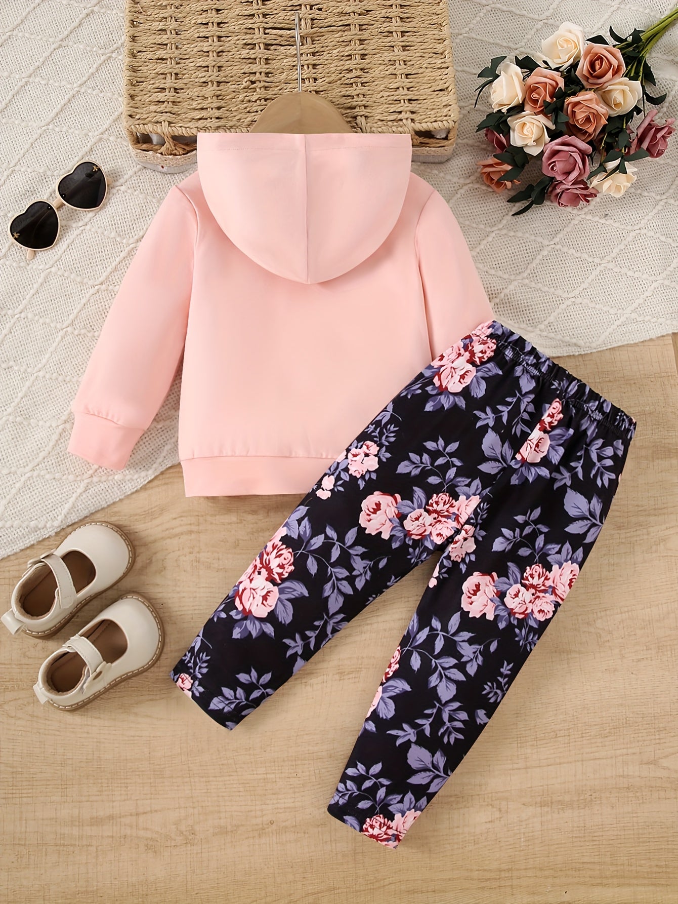Baby Girl 2-Piece Pants Set Rose Flower Hooded Sweatshirt & Slim Print Trousers