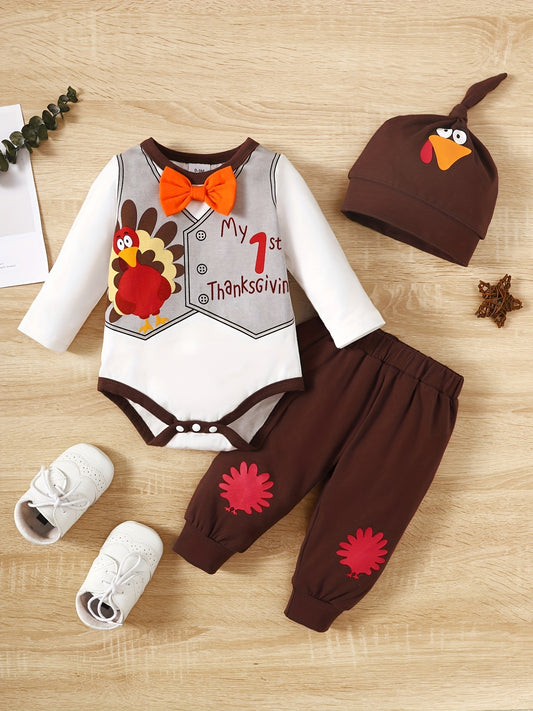 Baby Thanksgiving Turkey Outfit 3 Pcs Romper Pants & Hat Set