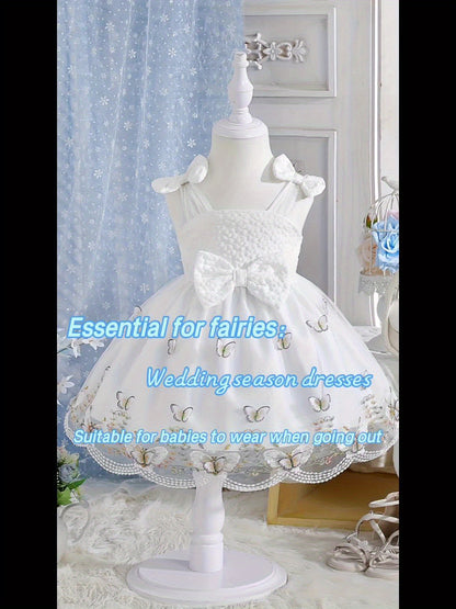 Baby Girl Summer Dress Embroidered 3D Butterfly Mesh Suspender Bow Princess Skirt