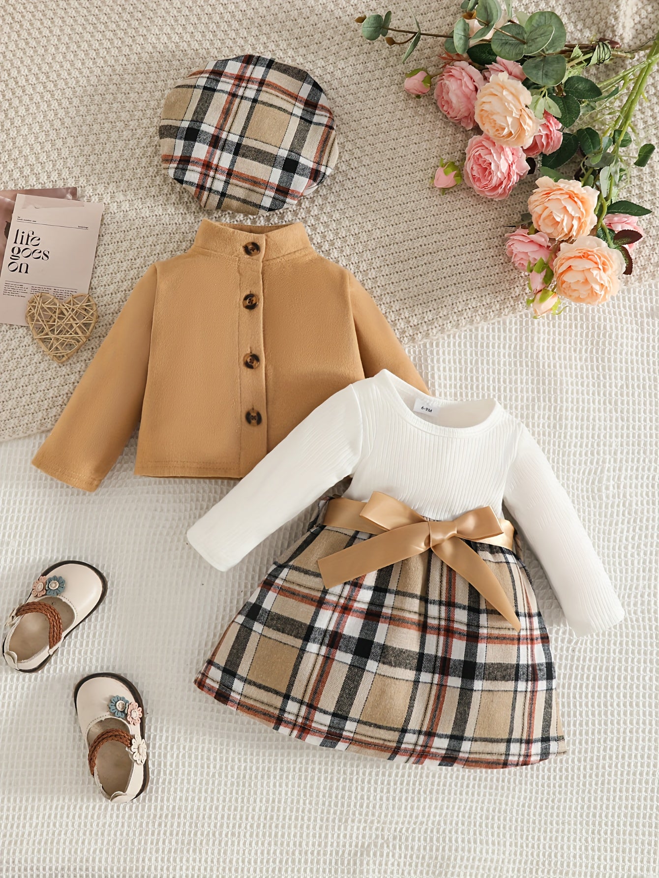Baby Two-Piece Outfit Short Jacket & Long-Sleeve Plaid Dress with Beret