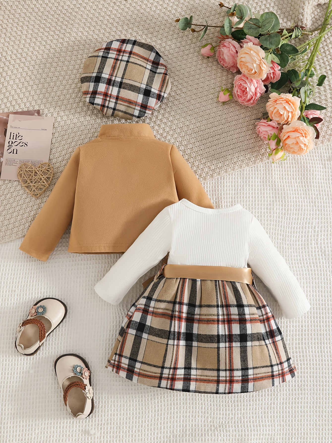 Baby Two-Piece Outfit Short Jacket & Long-Sleeve Plaid Dress with Beret