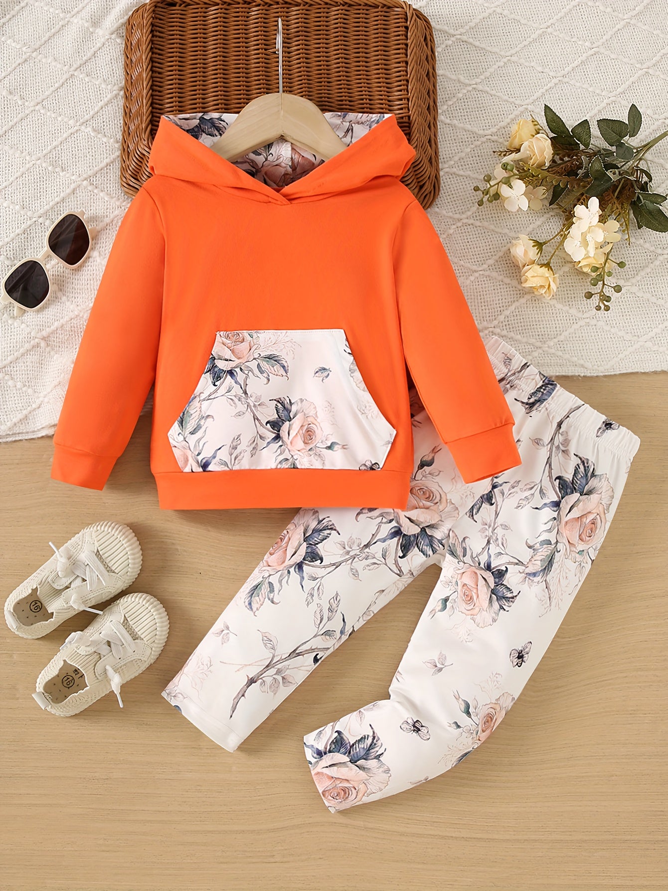 Baby Girl 2-Piece Pants Set Rose Flower Hooded Sweatshirt & Slim Print Trousers