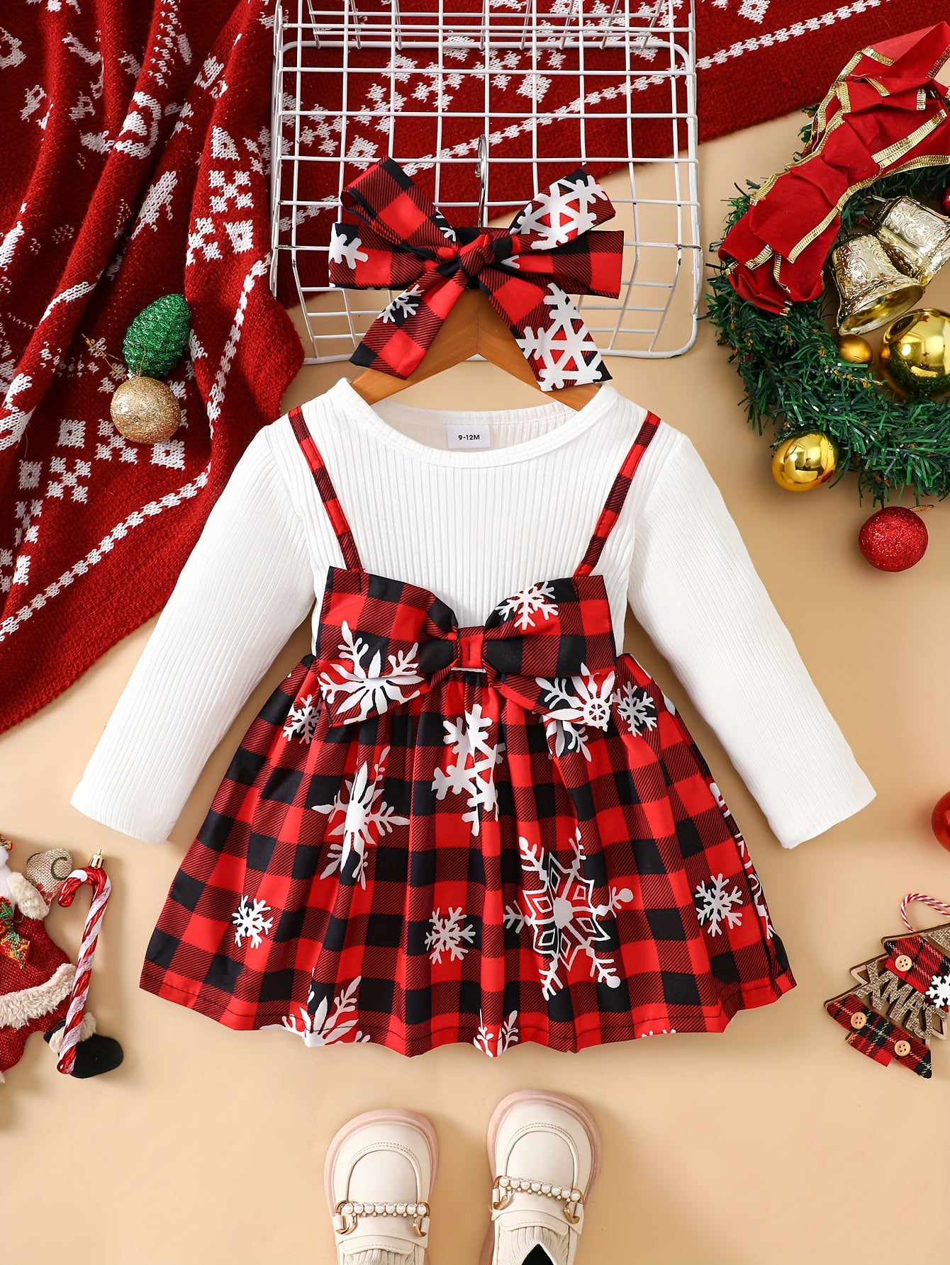 Baby Christmas Two-Piece Outfit Bow Snowflake Plaid Dress with Headscarf