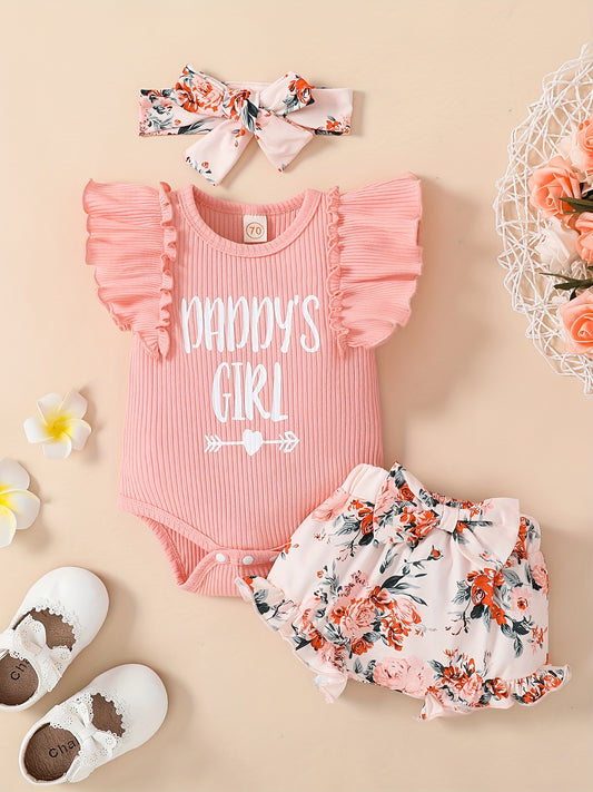 3 Pcs Baby Girl "Daddy's Girl" Ruffle Sleeve Onesie, Floral Shorts & Headband Set