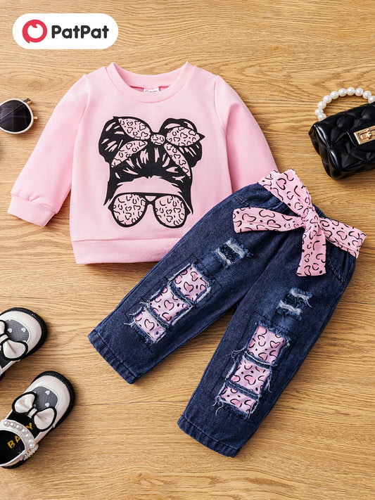 2 Pcs Baby Girl Long Sleeve Sweatshirt & Belted Ripped Jeans Set