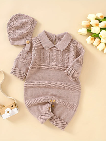 Unisex Infant Romper, Cotton Knit Gentleman Style Lapel Baby Jumpsuit With Hat Set