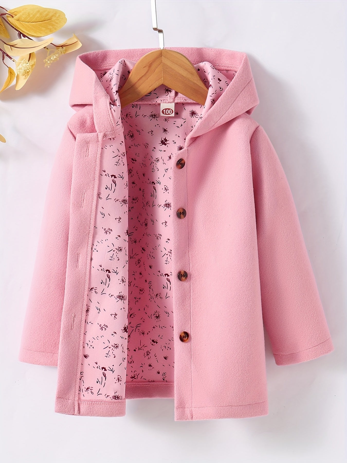 Baby Girl Hooded Coat Floral Print Button Design Autumn Winter