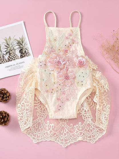 Baby Girl Princess Dress Lace Backless Tutu Bodysuit with Flower Decor