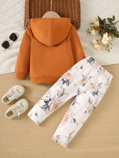 Baby Girl 2-Piece Pants Set Rose Flower Hooded Sweatshirt & Slim Print Trousers