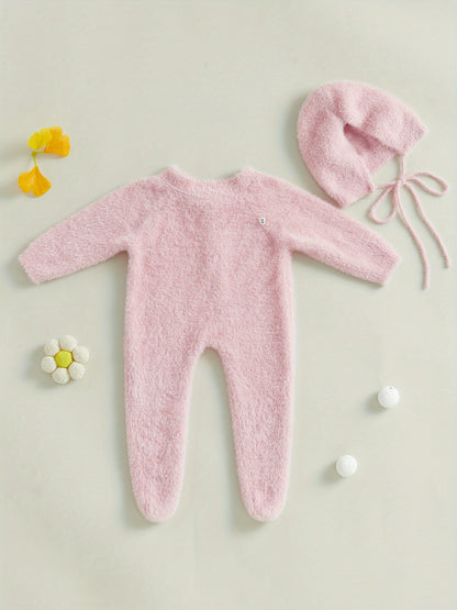 Infant Baby Winter Plush Jumpsuit with Hat Long Sleeve Romper