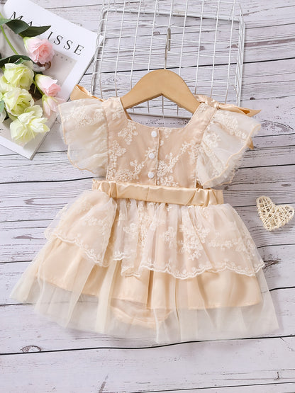 Baby Girl Fly Sleeve Lace Mesh Onesie Dress with Bowknot Decor
