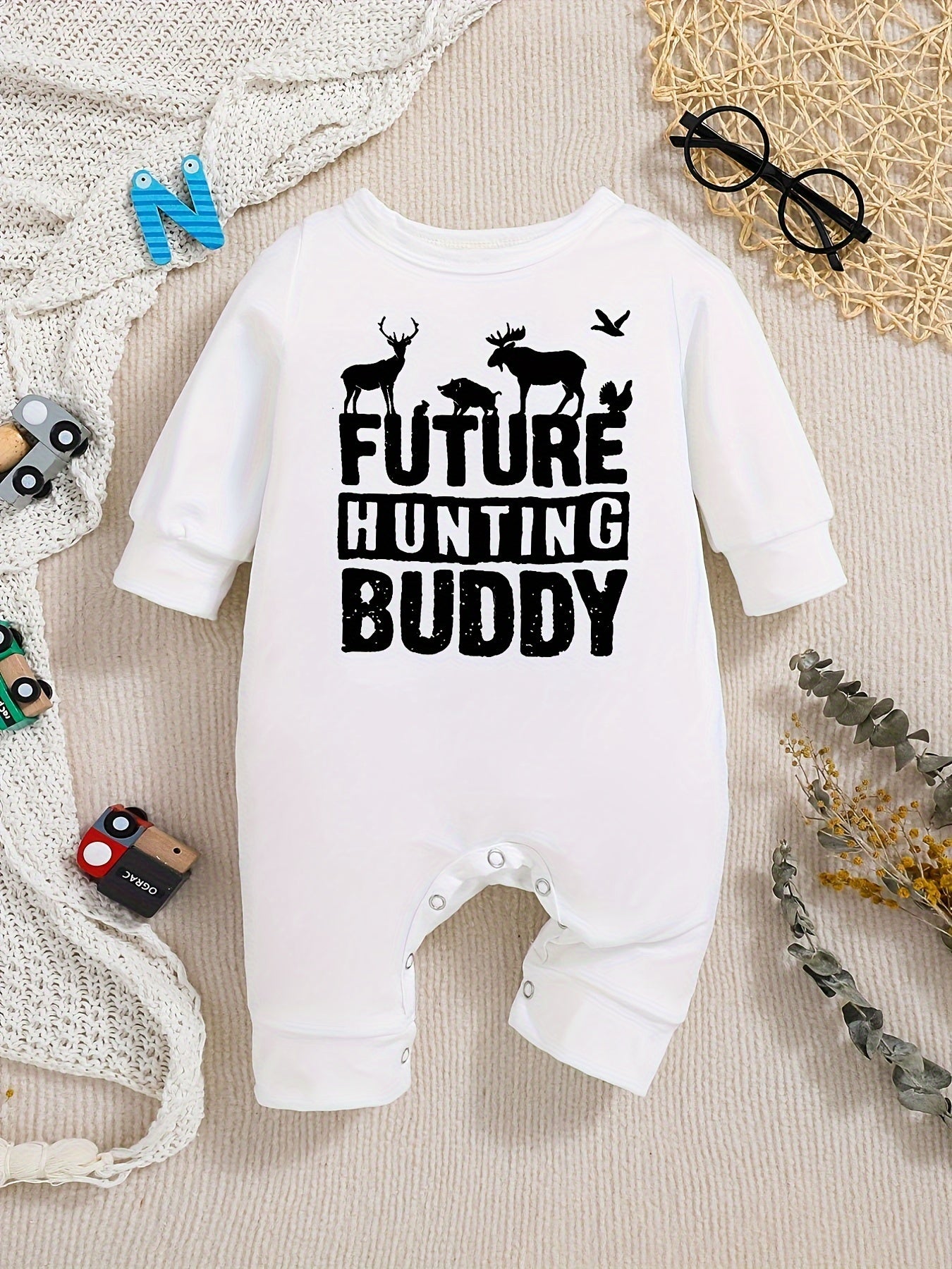 Baby Romper "Future Hunting Buddy" Black Polyester Deer & Bird Print