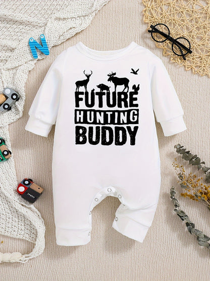 Baby Romper "Future Hunting Buddy" Black Polyester Deer & Bird Print