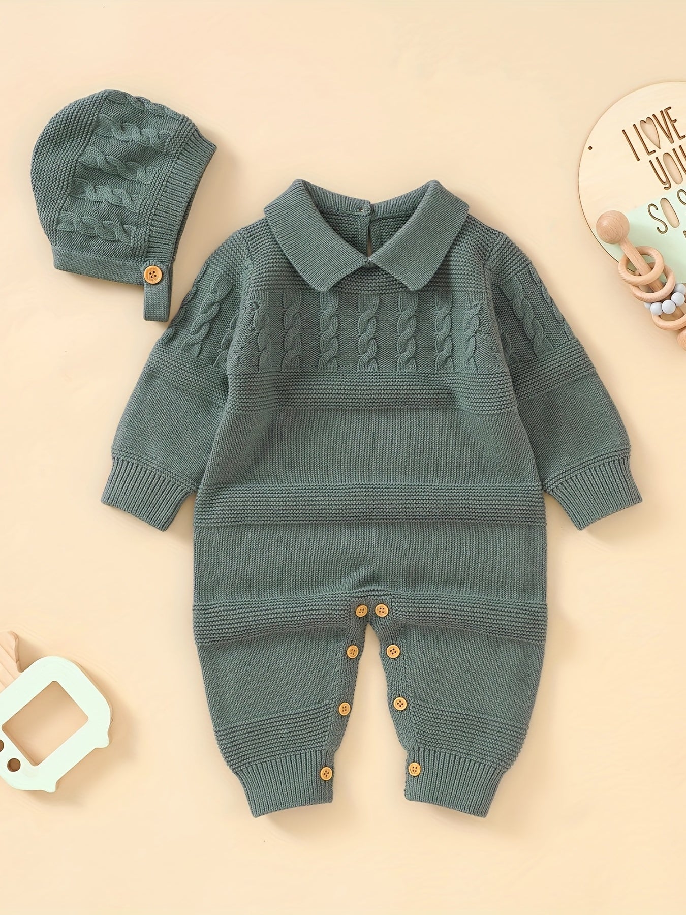 Unisex Infant Romper, Cotton Knit Gentleman Style Lapel Baby Jumpsuit With Hat Set