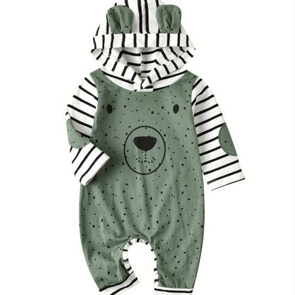 Baby Bear-Themed Cotton Romper Hooded Jumpsuit Long Sleeve Easy-Button Fall/Winter Outfit