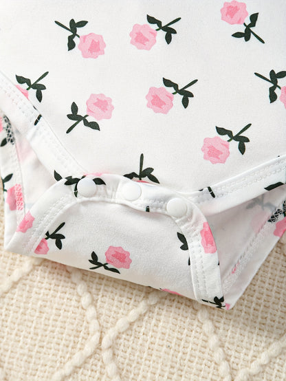 2 Pcs Baby Girl Outfit Floral Long Sleeve Jumpsuit with Teddy Bear Corduroy Pants & Headband