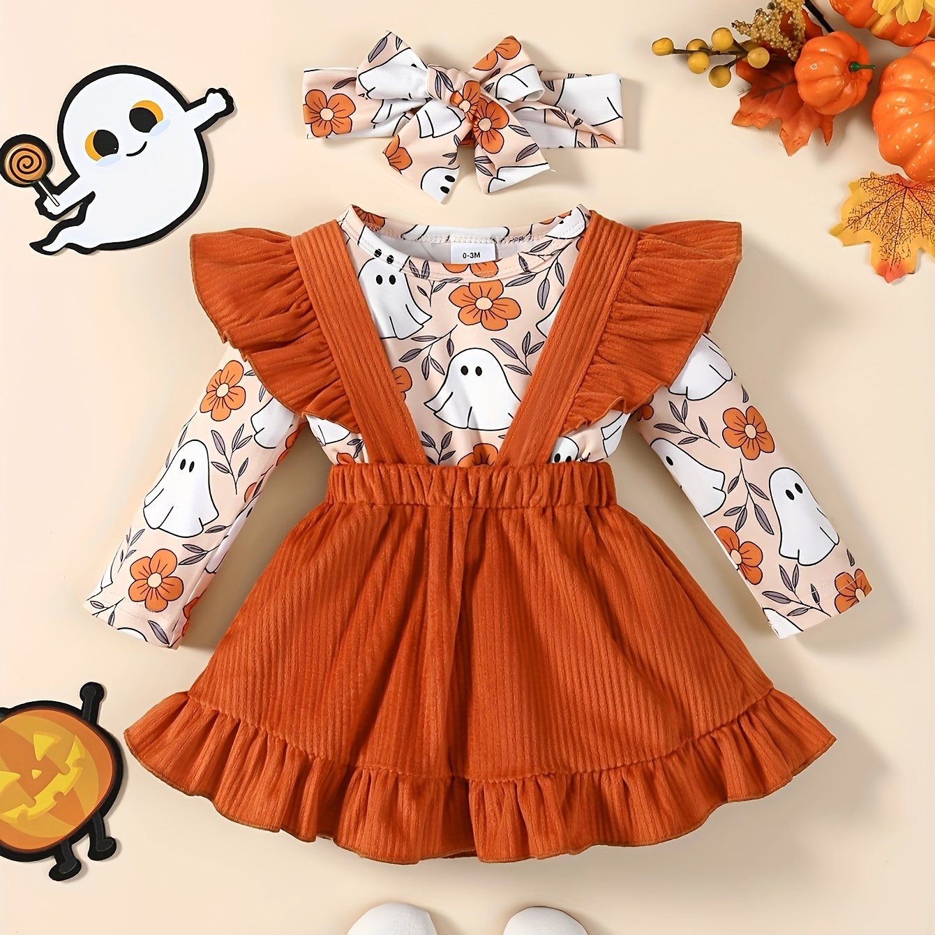 3 Pcs Baby Girl Halloween Outfit Pumpkin Print Jumpsuit, Ruffled Skirt & Headband Set