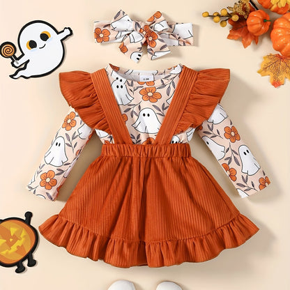 3 Pcs Baby Girl Halloween Outfit Pumpkin Print Jumpsuit, Ruffled Skirt & Headband Set