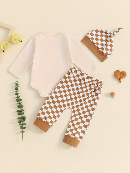 Baby Boy 3-Piece Outfit Letter Print Long Sleeve Romper Pants & Hat