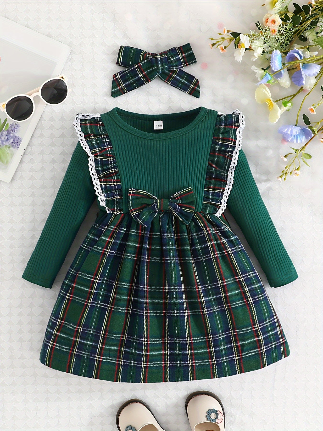 Baby Girl Ruffle Trim Plaid Long Sleeve Dress & Headband Set