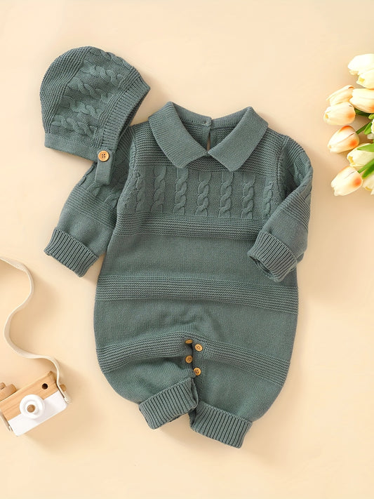 Unisex Infant Romper, Cotton Knit Gentleman Style Lapel Baby Jumpsuit With Hat Set