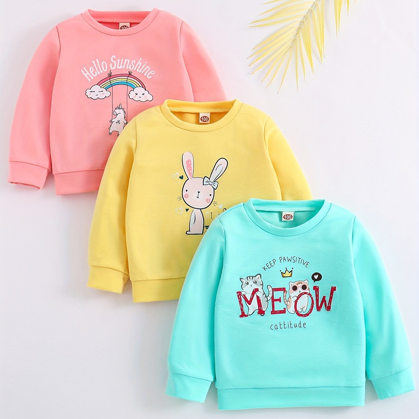 3 Pcs Baby Girl Cartoon Print Sweatshirt Rabbit Unicorn Kitten