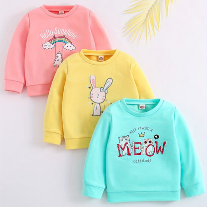 3 Pcs Baby Girl Cartoon Print Sweatshirt Rabbit Unicorn Kitten