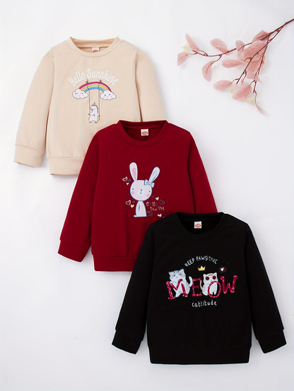 3 Pcs Baby Girl Cartoon Print Sweatshirt Rabbit Unicorn Kitten