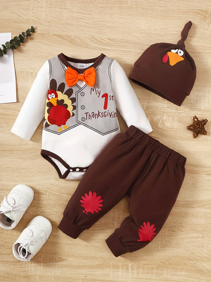Baby Thanksgiving Turkey Outfit 3 Pcs Romper Pants & Hat Set