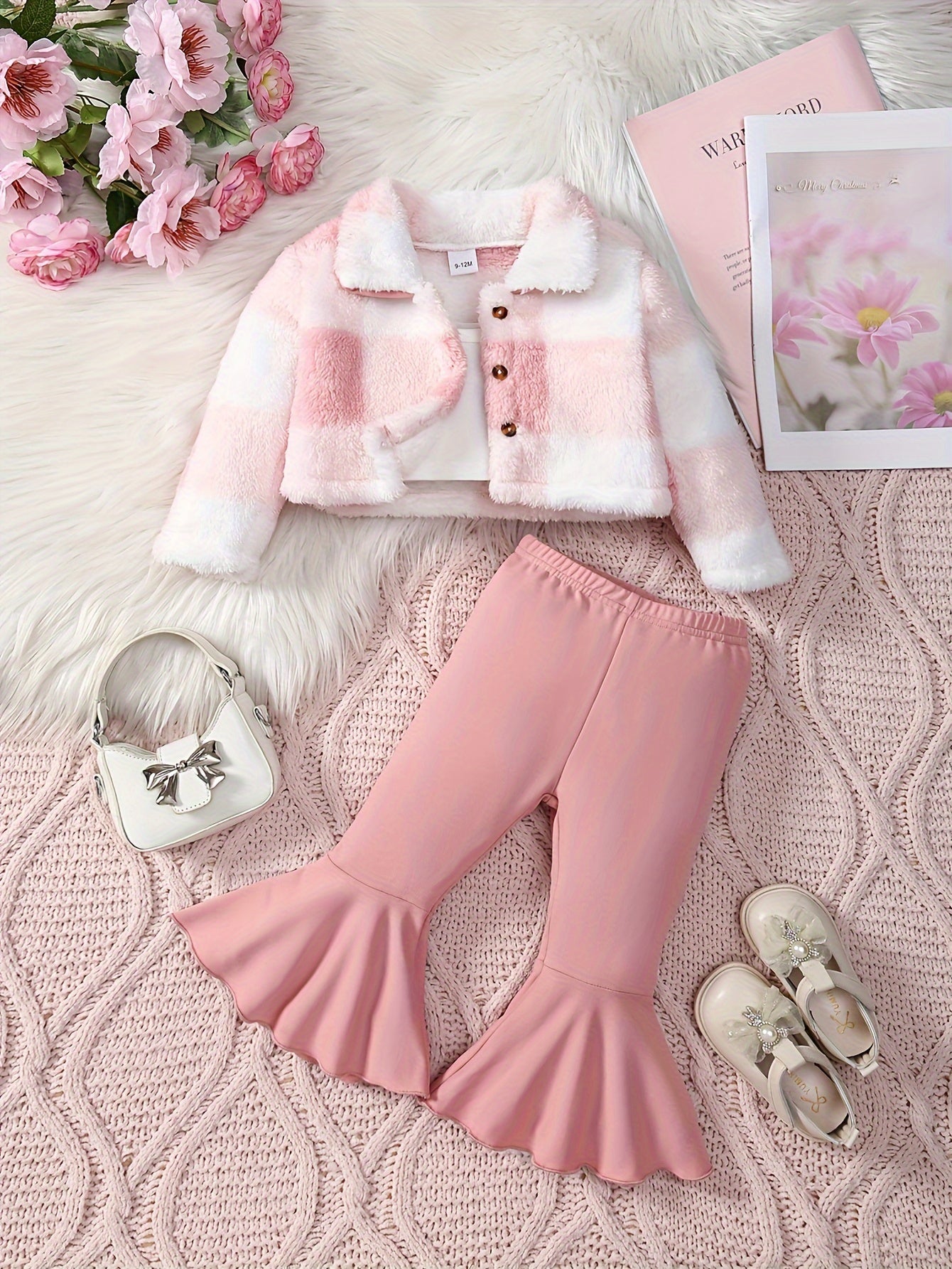 3 Pcs Baby Girl Outfit Camisole Vest Plush Plaid Jacket & Horn Pants
