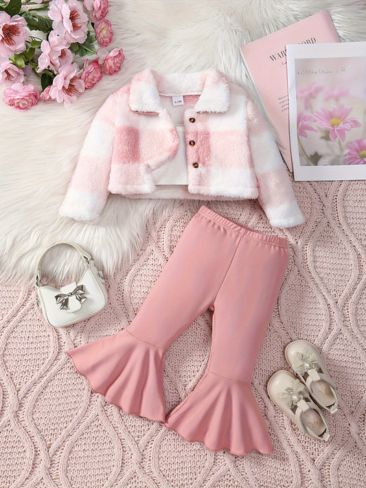 3 Pcs Baby Girl Outfit Camisole Vest Plush Plaid Jacket & Horn Pants