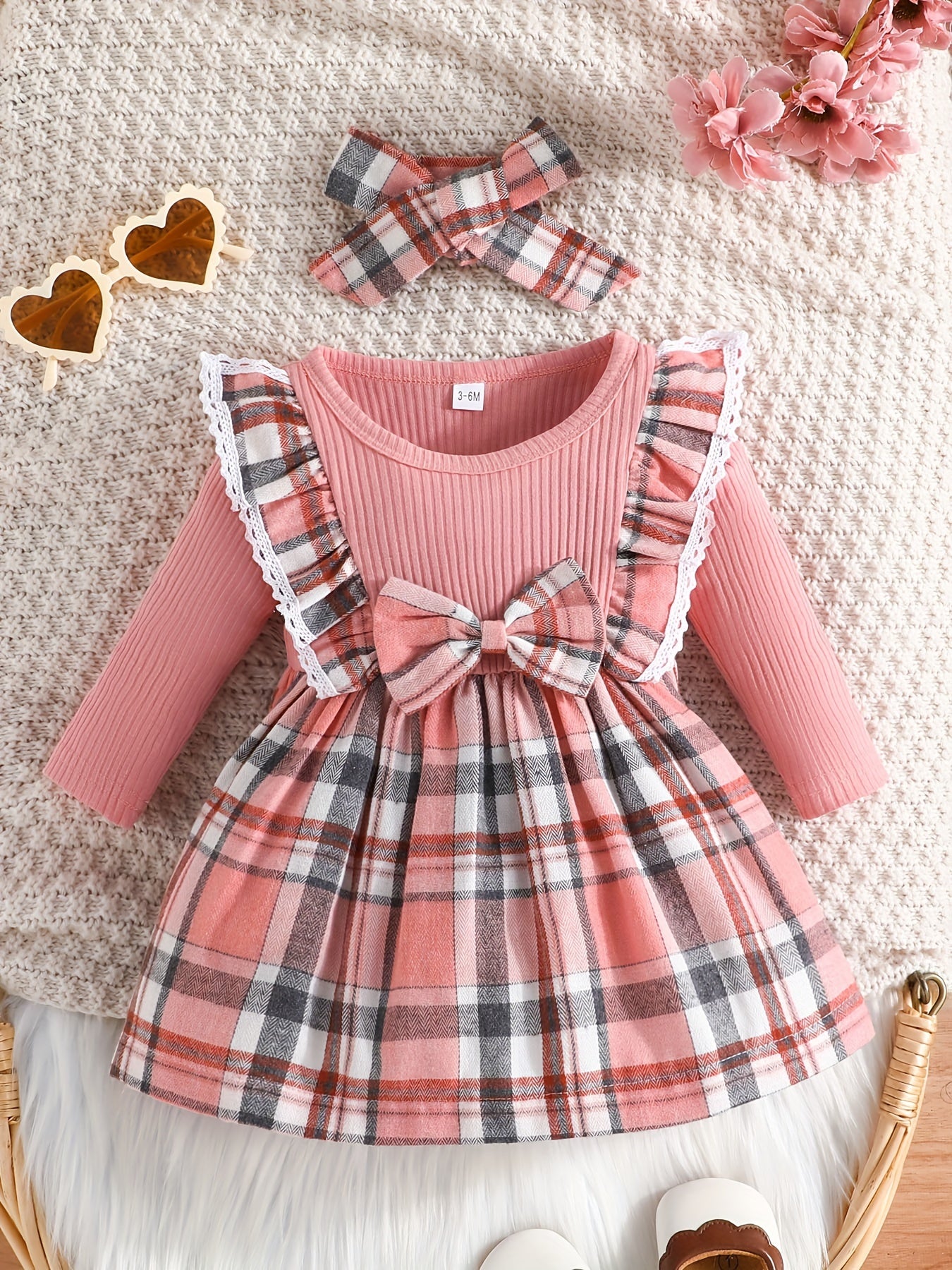 Baby Girl Ruffle Trim Plaid Long Sleeve Dress & Headband Set