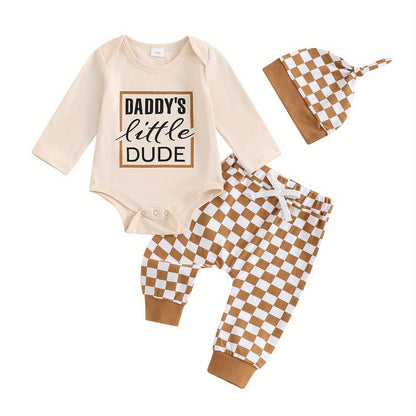 Baby Boy 3-Piece Outfit Letter Print Long Sleeve Romper Pants & Hat