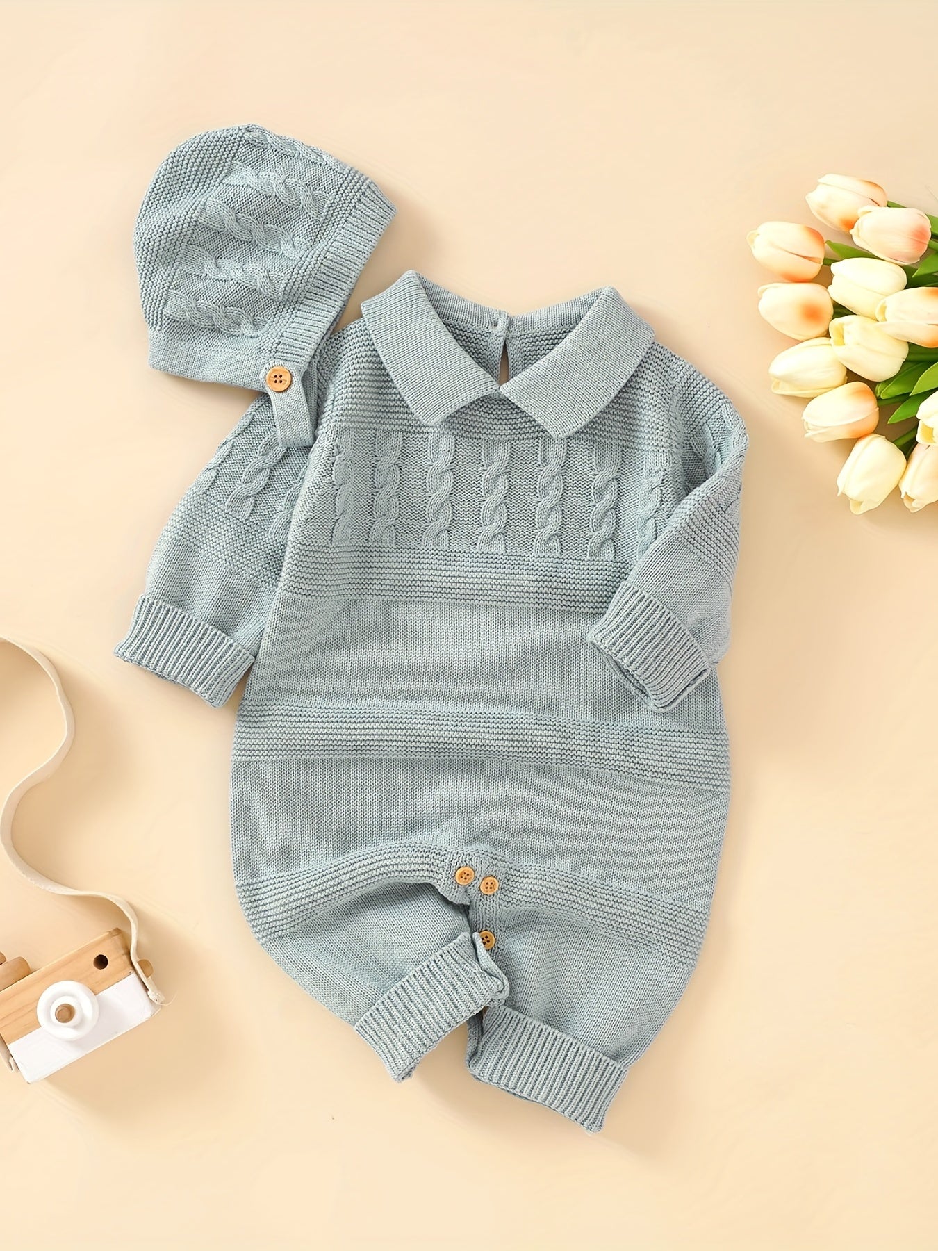 Unisex Infant Romper, Cotton Knit Gentleman Style Lapel Baby Jumpsuit With Hat Set