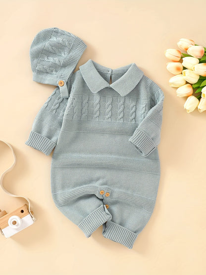 Unisex Infant Romper, Cotton Knit Gentleman Style Lapel Baby Jumpsuit With Hat Set