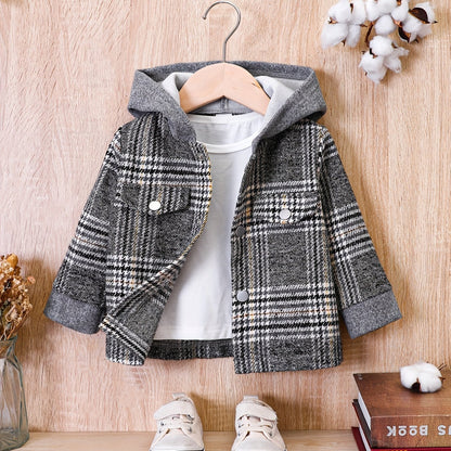 Baby Boy Plaid Tweed Coat with Hood Brown & Beige Check Fall/Winter Outerwear