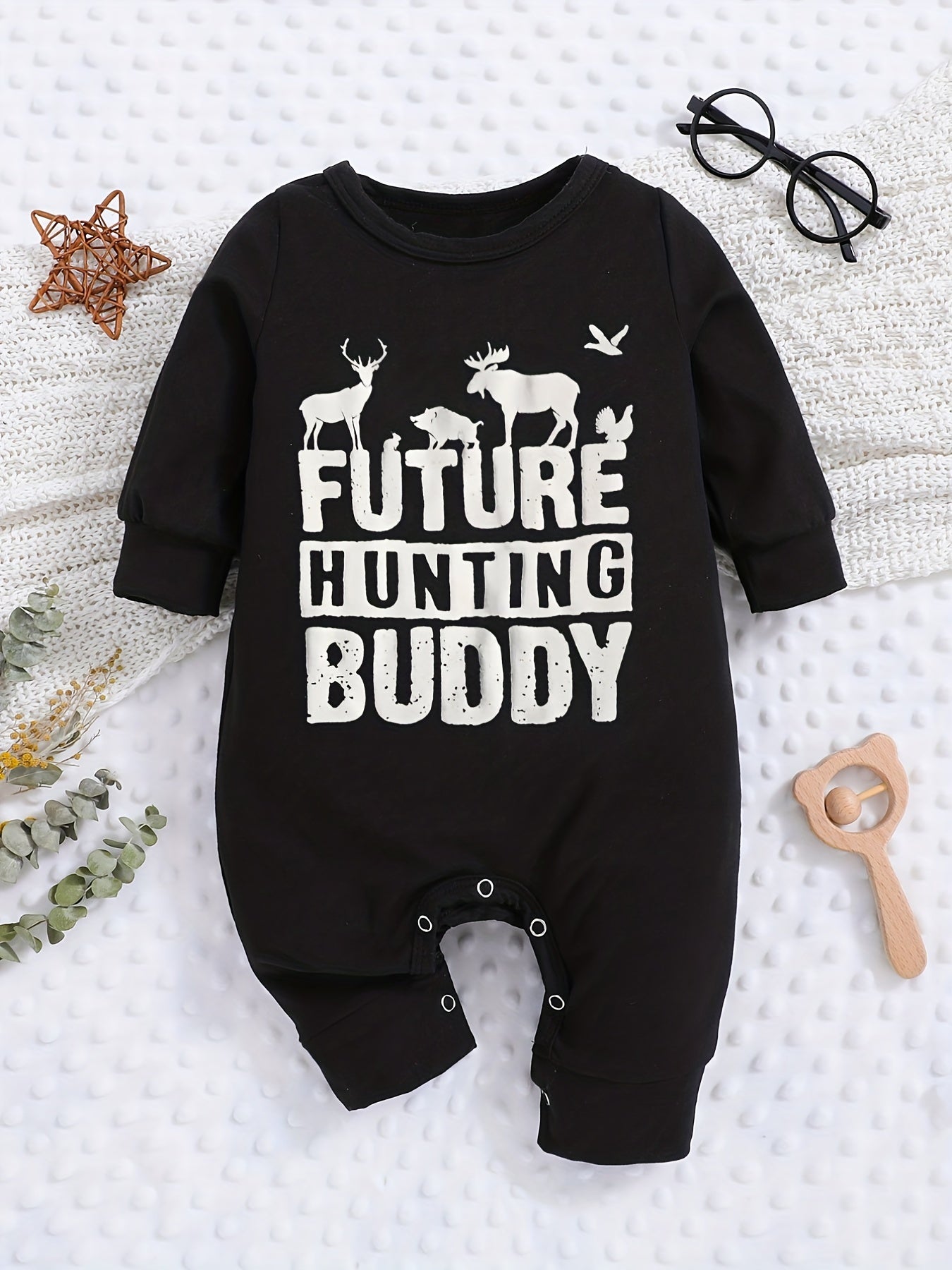 Baby Romper "Future Hunting Buddy" Black Polyester Deer & Bird Print
