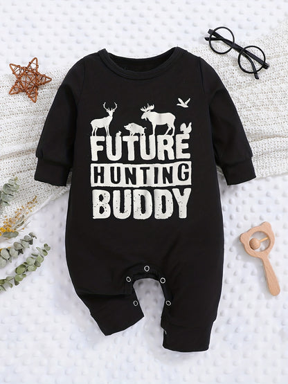 Baby Romper "Future Hunting Buddy" Black Polyester Deer & Bird Print