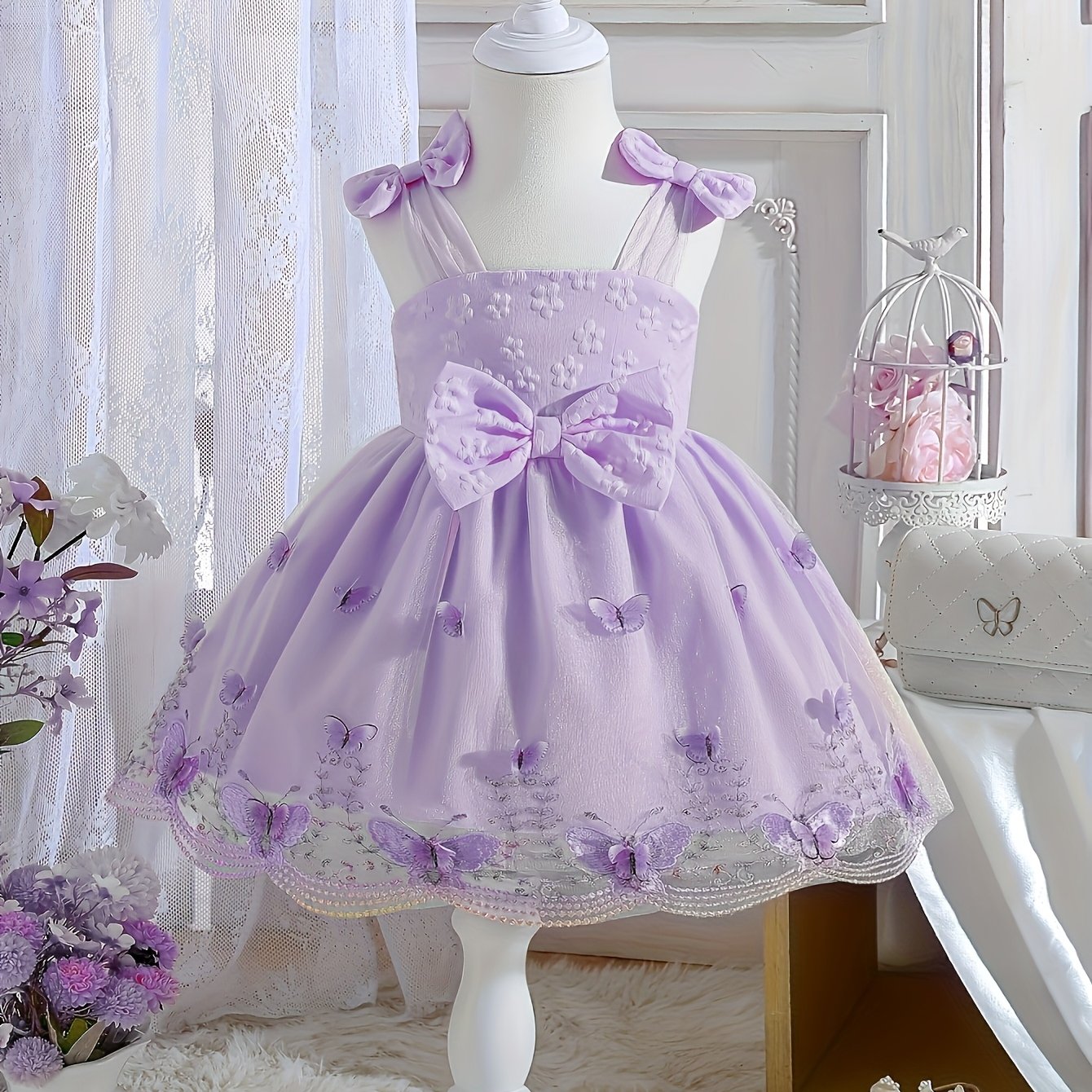 Baby Girl Summer Dress Embroidered 3D Butterfly Mesh Suspender Bow Princess Skirt