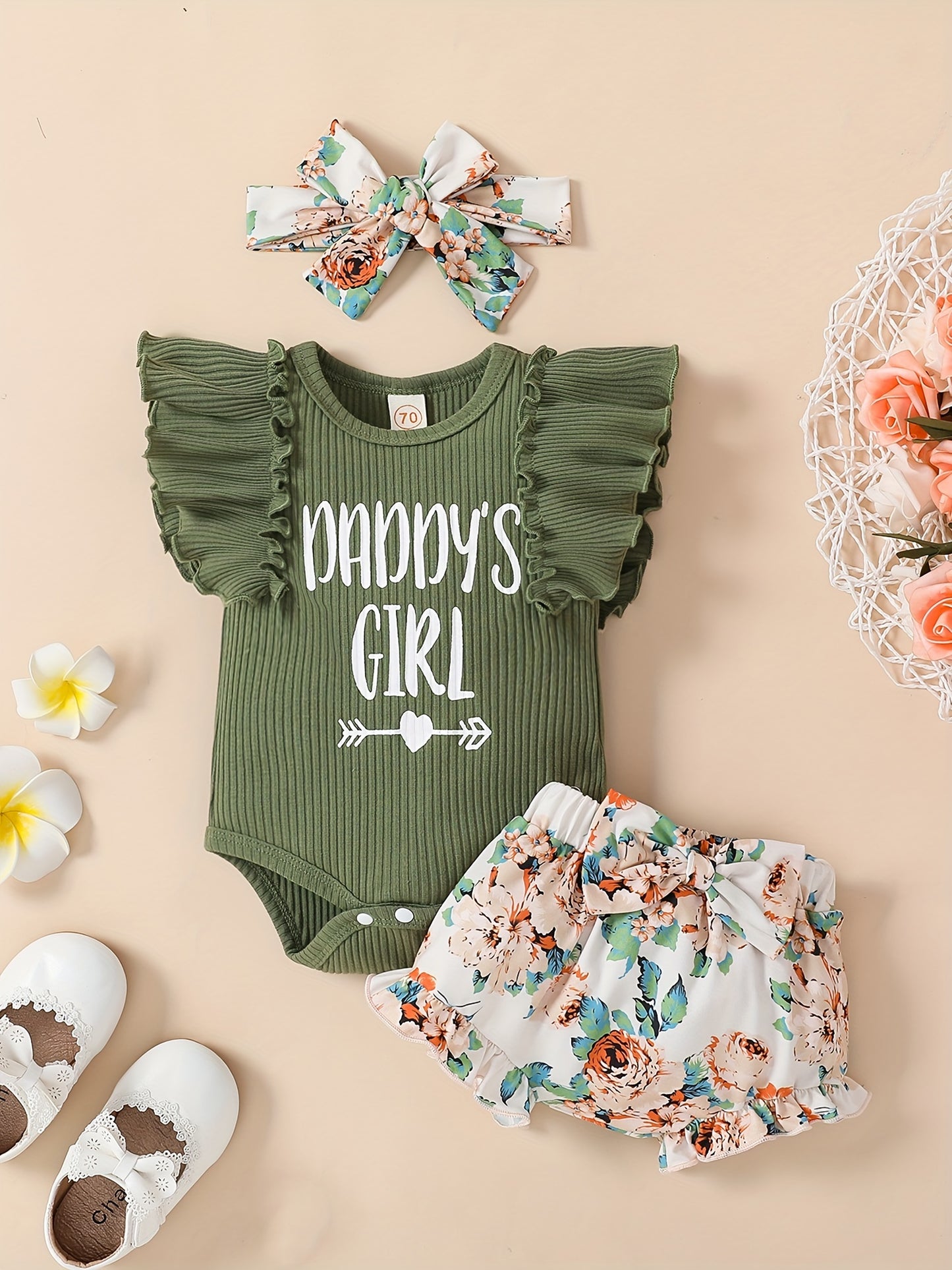 3 Pcs Baby Girl "Daddy's Girl" Ruffle Sleeve Onesie, Floral Shorts & Headband Set