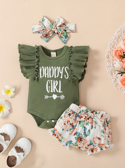 3 Pcs Baby Girl "Daddy's Girl" Ruffle Sleeve Onesie, Floral Shorts & Headband Set